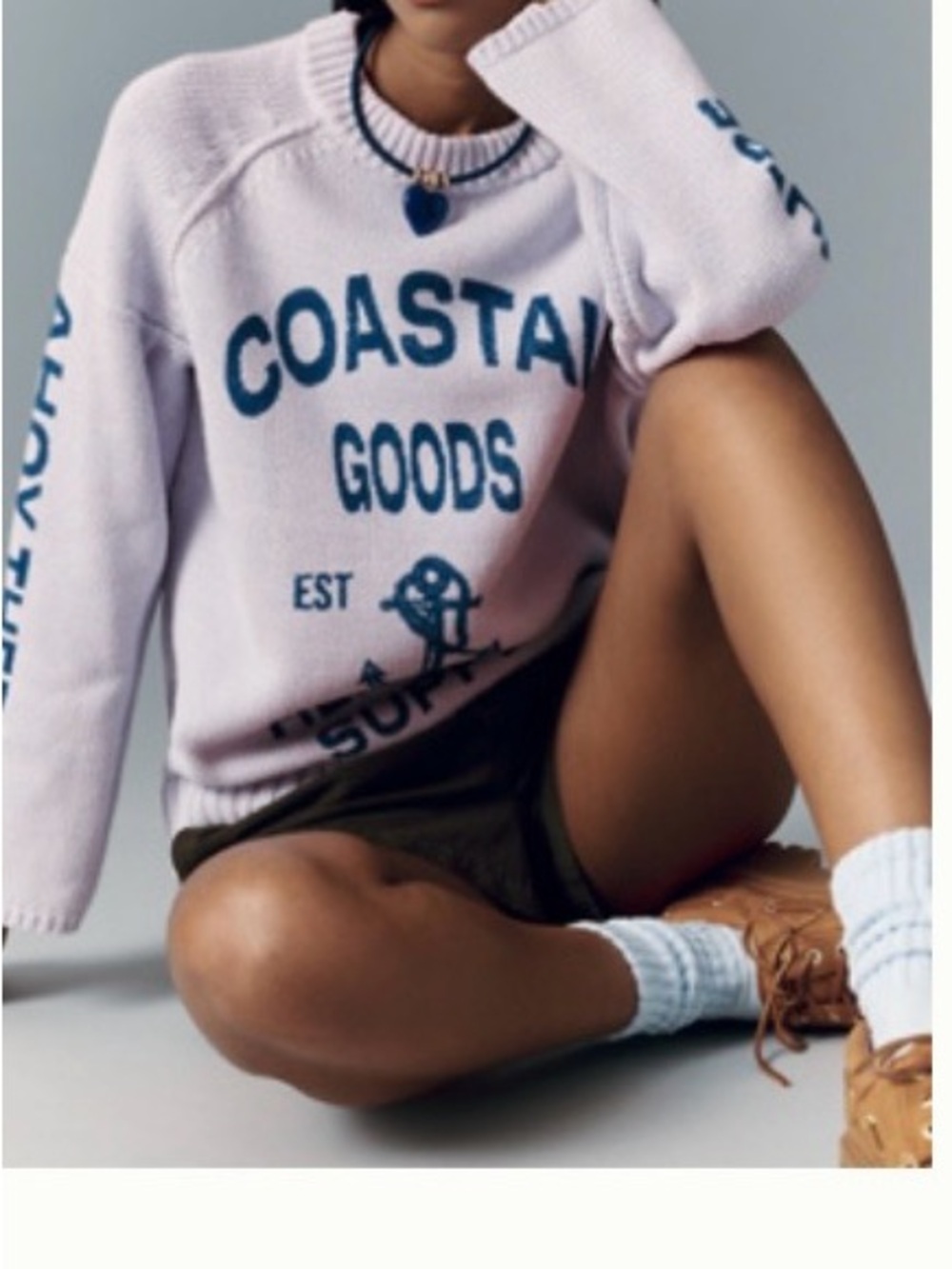 Pilcro Light Pink Crewneck Sweater with Blue Lettering
